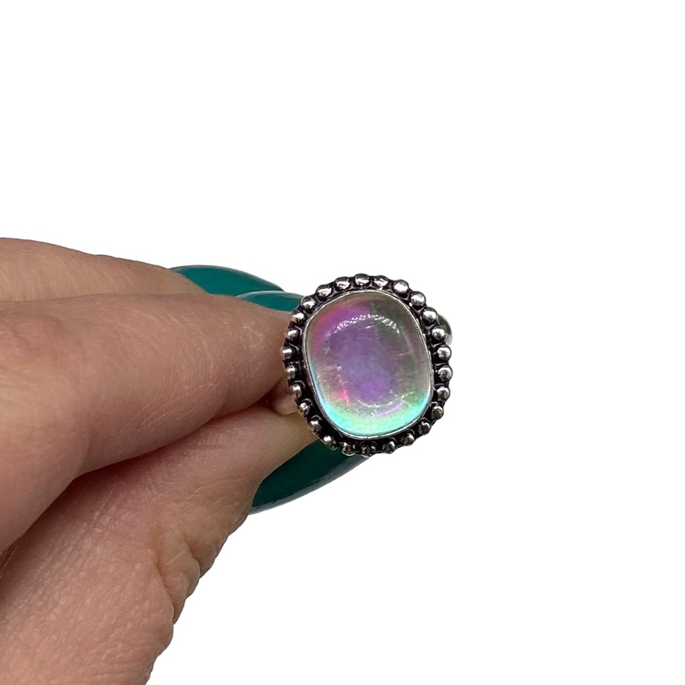 Aura mystic quartz Artisan Iridescent Opal-Like Stone 925 Silver Beaded Ring - Picture 3 of 6